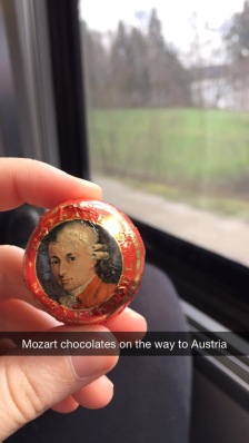 One of the many snapchats I sent to friends and family during my months abroad. It was fitting that I was eating Mozart chocolates while on the way to the place of his birth. 